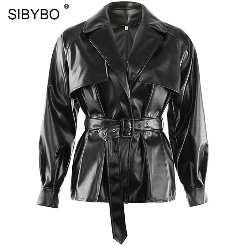 Черный SIBYBO гранж стиль пояса зимняя куртка для женщин с длинным рукавом из искусственной кожи женские пальто и куртки осенние черные повседневные женские топы - Цвет: Черный