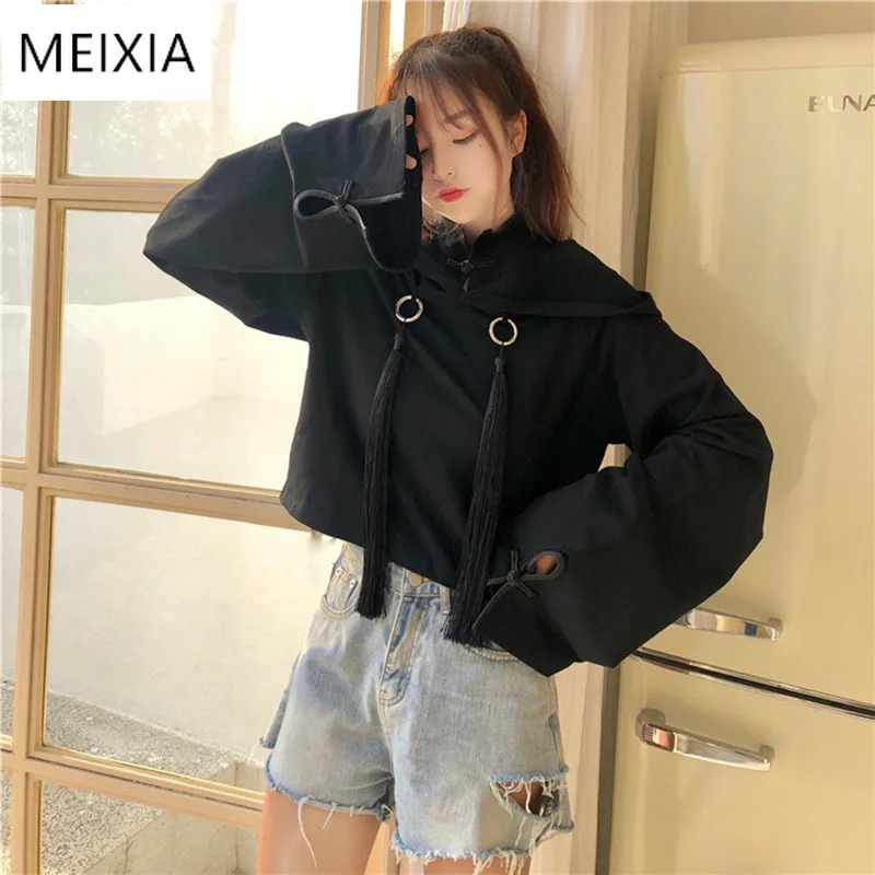 

2020 Women's Hoodies Crop Hoodies Sweatshirts Tassel Hooded Woman Crop Top Hoodie Chinese Letters Print Japan Style Girls Tops