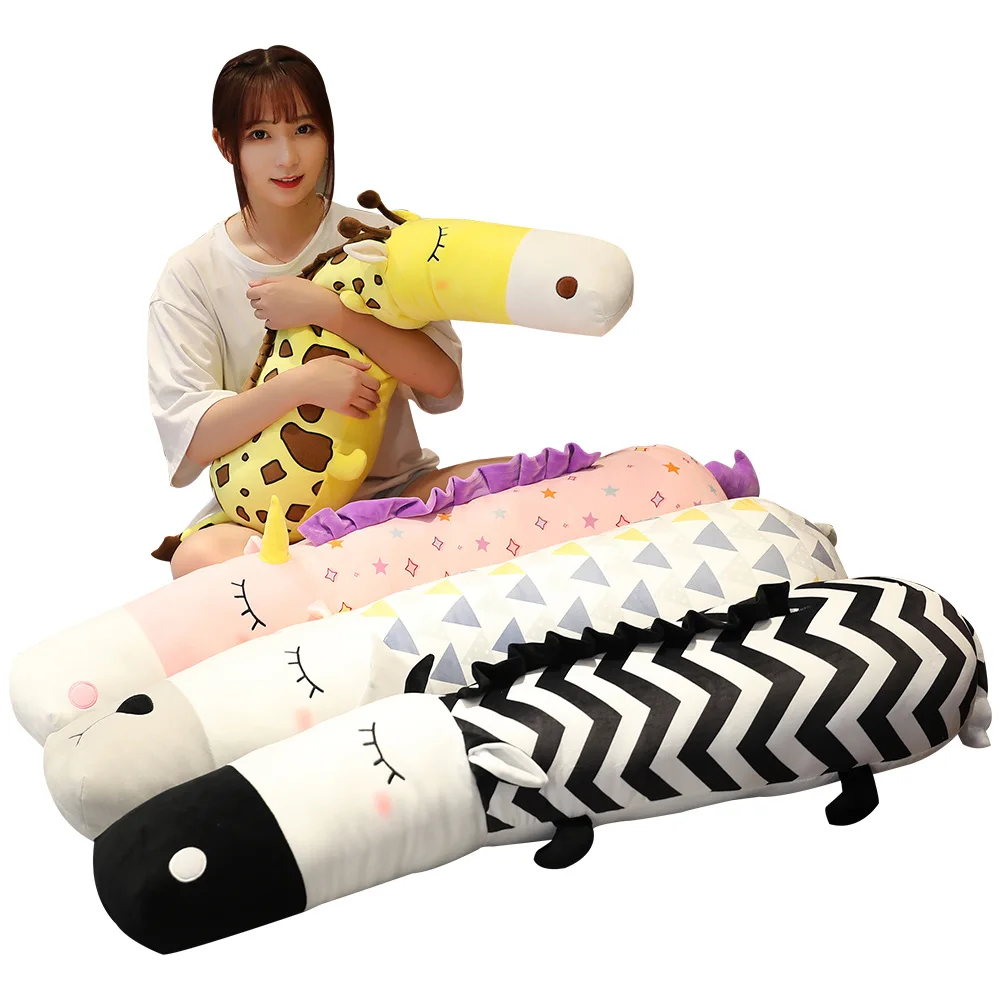 Barato Almohadas De Felpa De Animales Suaves Para Niños, Cojines Largos De 90/105cm Con Dibujos De Animales, Unicornio, Cocodrilo, León, Cebra, Ciervo, Juguete De Peluche De Perro Para Dormir, Regalo Para Niños