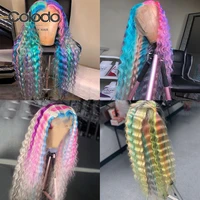 colodo rainbow color deep wave wig pre plucked 13x4 lace front human hair wigs glueless transparent lace wigs with baby hair