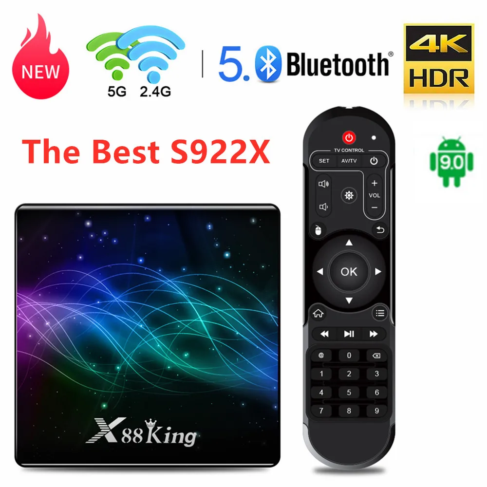 

X88King TV Box Android 9.0 Amlogic S922X Hexa-core Mali-G52 MP6 4GB LPDDR4 128GB ROM WiFi Bluetooth TV Receiver M3U Set Top Box