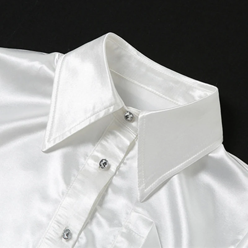 

Elegant Satin Silk Rhinestone Button Women Shirts Spring Autumn Vintage Turn Down Collar Female Blouse White Short Shirt Tops