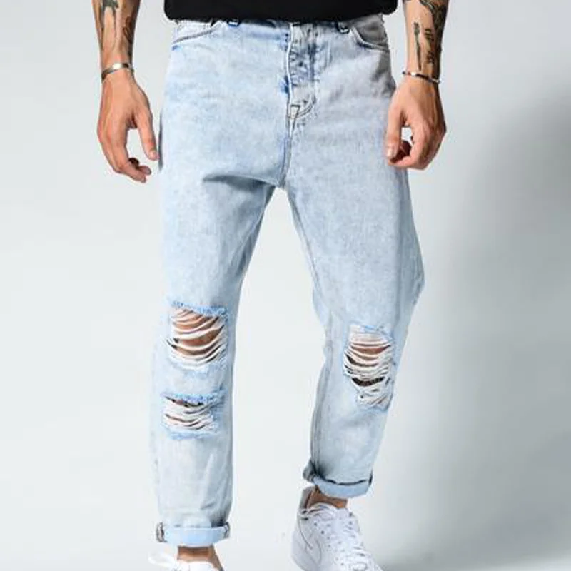 

Men skinny Hole jean slim-fit pencil jeans trousers fashion street riding locomotive Ripped jeans party work mens denim clothing