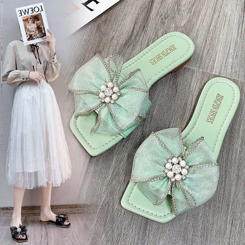 

35-42 Plus Size Women's Shoes Square Slippers Women's Lace Bow Flat Sandals Word Drag Fashion Comfortable Joker Slippers.