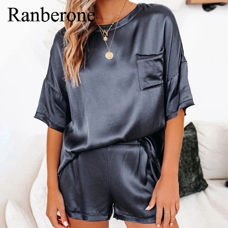 Ranberone 2 Piece Women's Suit Solid Color Round Neck Tracksuit Loose Short Sleeved + Shorts Casual Home Service Suit 2021