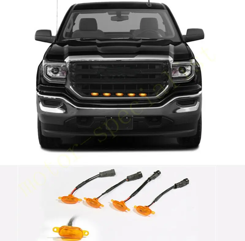 5PCS Car Styling Accessories Front Grille LED Light Raptor Style Grill Cover Fit For GMC Sierra 1500 2014-2018 W/ Wire Speed