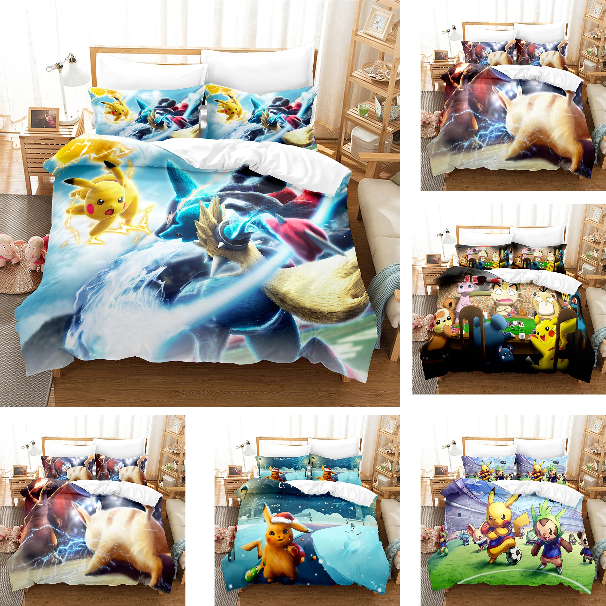 

Pokemon bedding Duvet cover Pillowcase for Kids Bedroom Pikachu Anime Cartoon Print Children Bedding Set Double Queen King Size