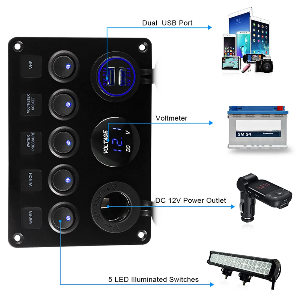 

5 Gang Car Marine Boat LED Rocker Switch Panel Circuit Digital Voltmeter Dual USB Port Outlet Car Ship Yacht Combination Panel