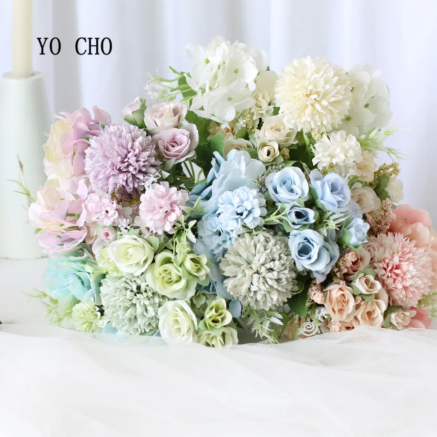 

YO CHO Artificial Flower Mini Bouquet 7 Heads Silk Rose Hydrangea Flowers Fake Bouquet Bridesmaids Wedding Wall Home Party Decor