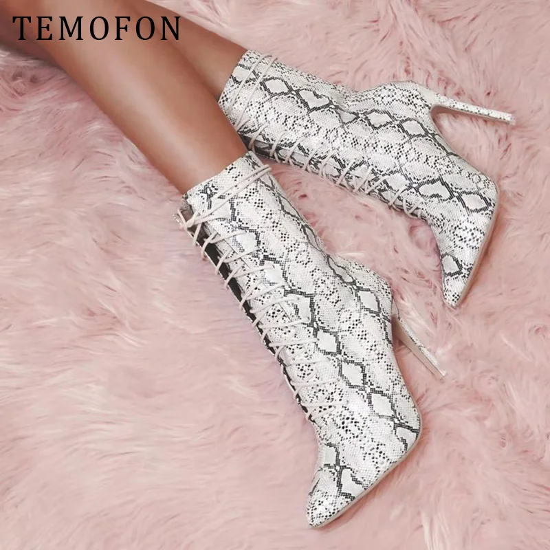 TEMOFON high heels boots women pointed toe PU leather ankle female lace up winter shoes leopard ladies 2020 HVT1408 | Обувь