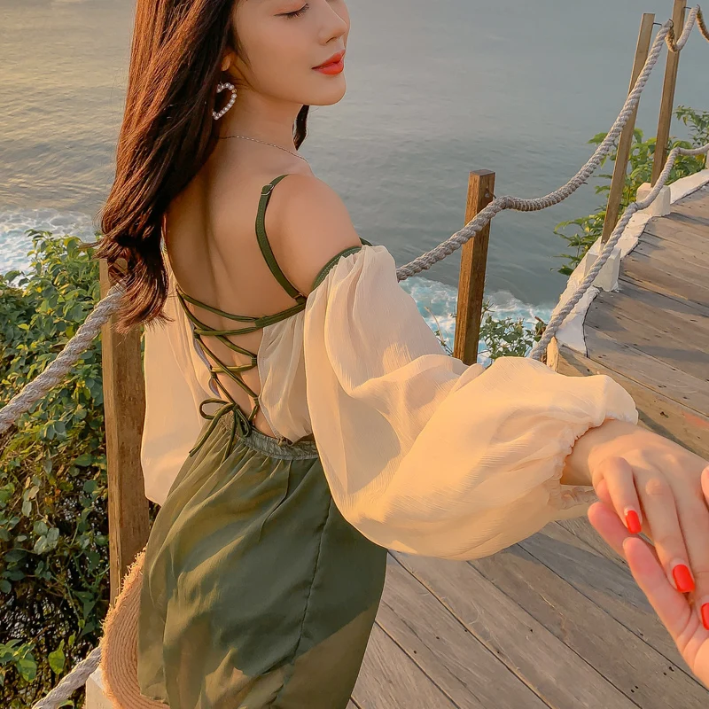 Женский слитный купальник с рукавами монокини рюшами и открытой спиной