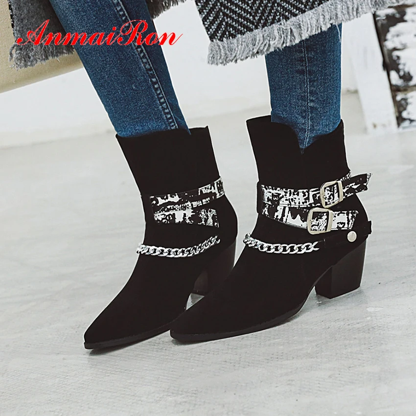 

ANMAIRON/женские ботинки из искусственной кожи с острым носком и пряжкой; Зимние ботинки из флока; Женские ботильоны на квадратном каблуке с кор...