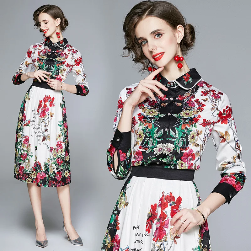 

Women Dress Spring Autumn Party Ladies Long Dress Set Long Sleeve Button Up Collar Shirt Dress Vintage Floral Maxi Fashion Dress