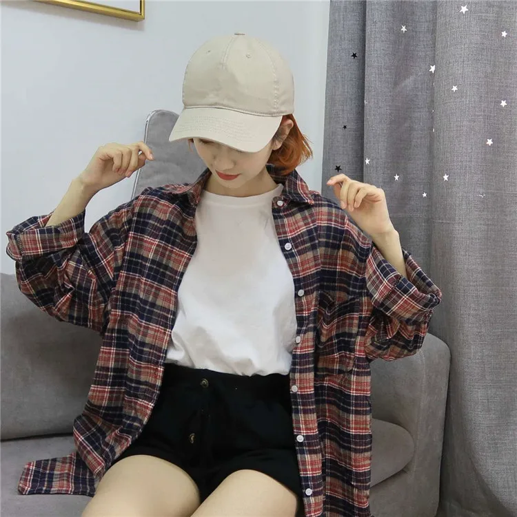8304 blue Женские рубашки, классические, Ретро стиль, элегантные, с отложным воротником, с карманами, в клетку, женская рубашка с длинным рукавом, для отдыха, свободный, корейский стиль, для девушек - Цвет: 8304 blue