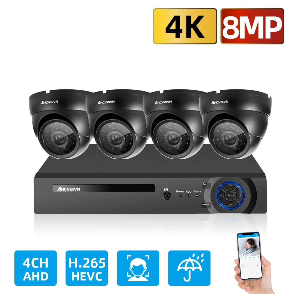 

4CH 8MP Face Detection Security Camera System 8MP 6IN1 H.265+ 4K DVR With 4PCS*8MP Black Dome Weatherproof Surveillance CCTV Kit