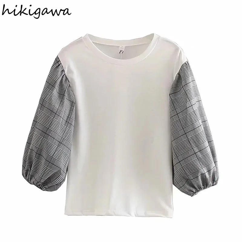 

Hikigawa T-shirts Korean Spring Autumn Slim Fit Elegant O Neck Plaid Three Quarter Woman Tshirts Fashion Loose Casual T Shirt