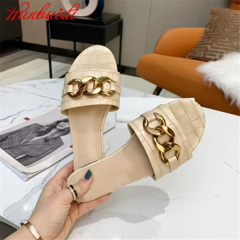

Gold Chain Decor Leisure Crocodile Pattern Leather Flat Beach Slippers Women Sandals Summer Seaside Vacation Shoes Lazy Slides