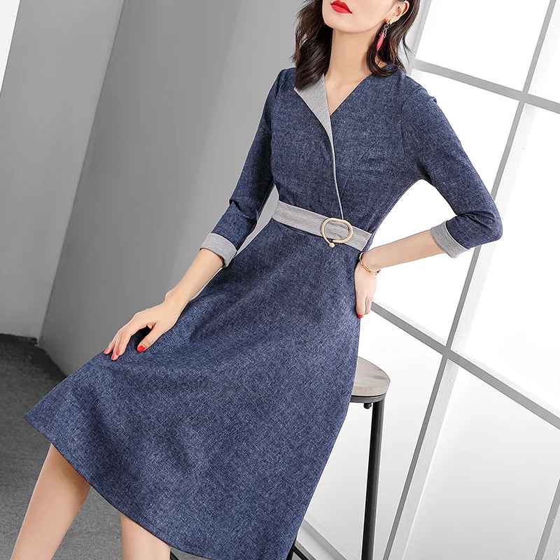 

Осень 2021, новинка, модная облегающая трапециевидная юбка с 7 точечным рукавом и закрывающей талией, простое офисное Привлекательное платье ...