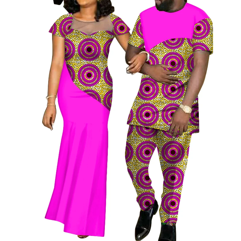 African Couple Clothes Women's Long Dress and Men's Tracksuit Dashiki Outfits Shirts and Pants Set Evening Wedding Ankara Wax