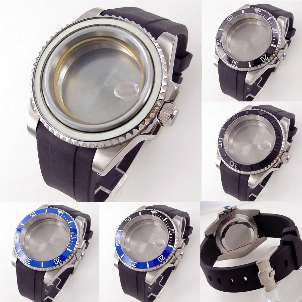 40mm Sapphire Watch Case+Rubber Band Fit For NH35 NH36 ETA 2836 2824 Miyota8215 821A 8205 DG 2813 3804 Black/Blue Ceramic Insert