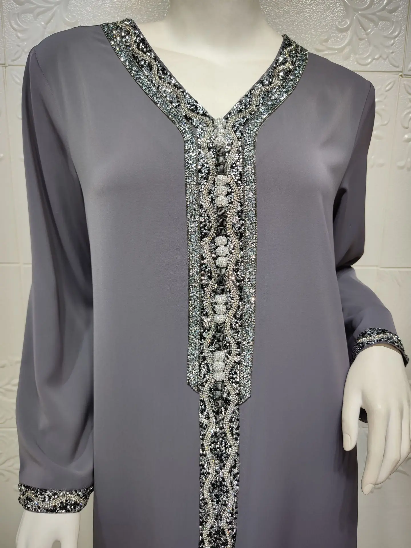

Abaya Dubai Turkey Dress for Women Muslim Grey Moroccan Kaftan Diamond Ribbon V Neck Jalabiya 2021 Eid Mubarak Djellaba Femme