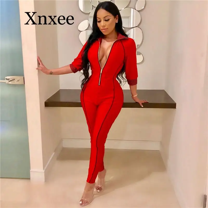 Autumn Sexy Solid Front Zippers Jumpsuit Three Quarter Sleeve Ladies Night Club Party Overalls Outfits Deep V Vintage Elegent | Женская