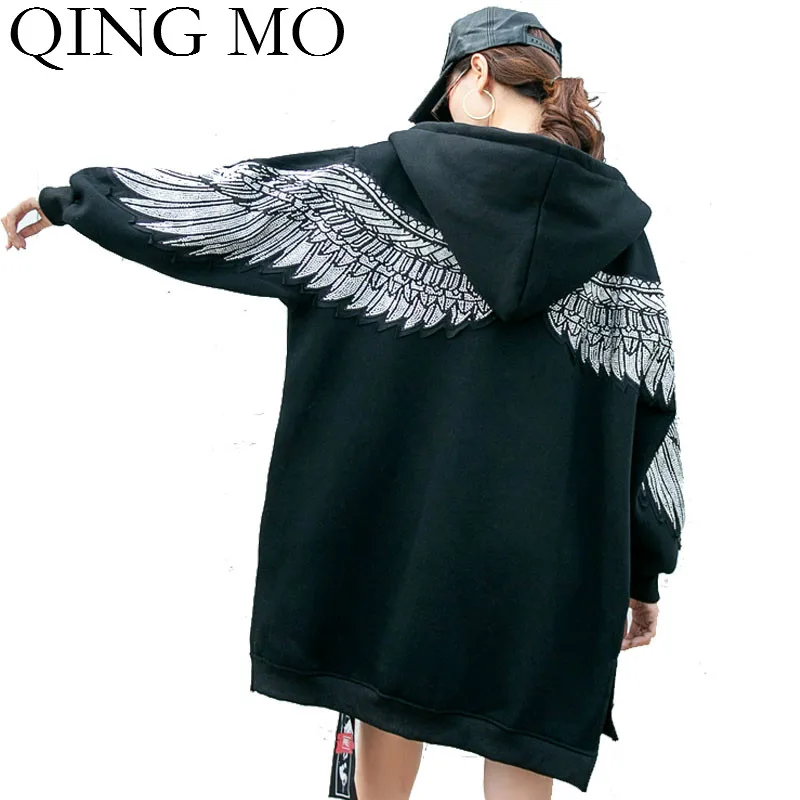 Цин MO черные женские бархатное пальто 2021 для женщин с принтом &quotкрылья&quot Стразы