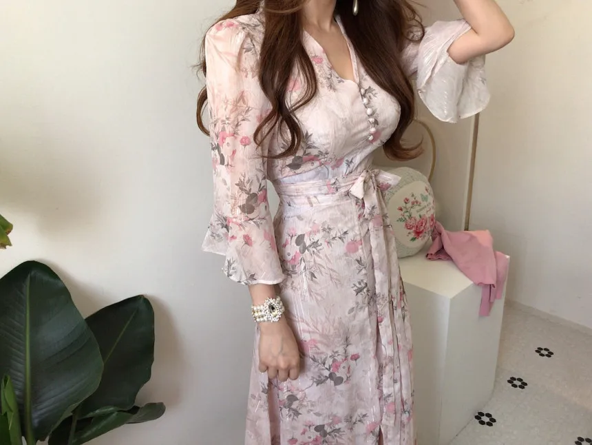 

Bandage Dress Elegant Runway Dresses Vestido Summer Women Print Midi Chiffon Dress Slim Elegant