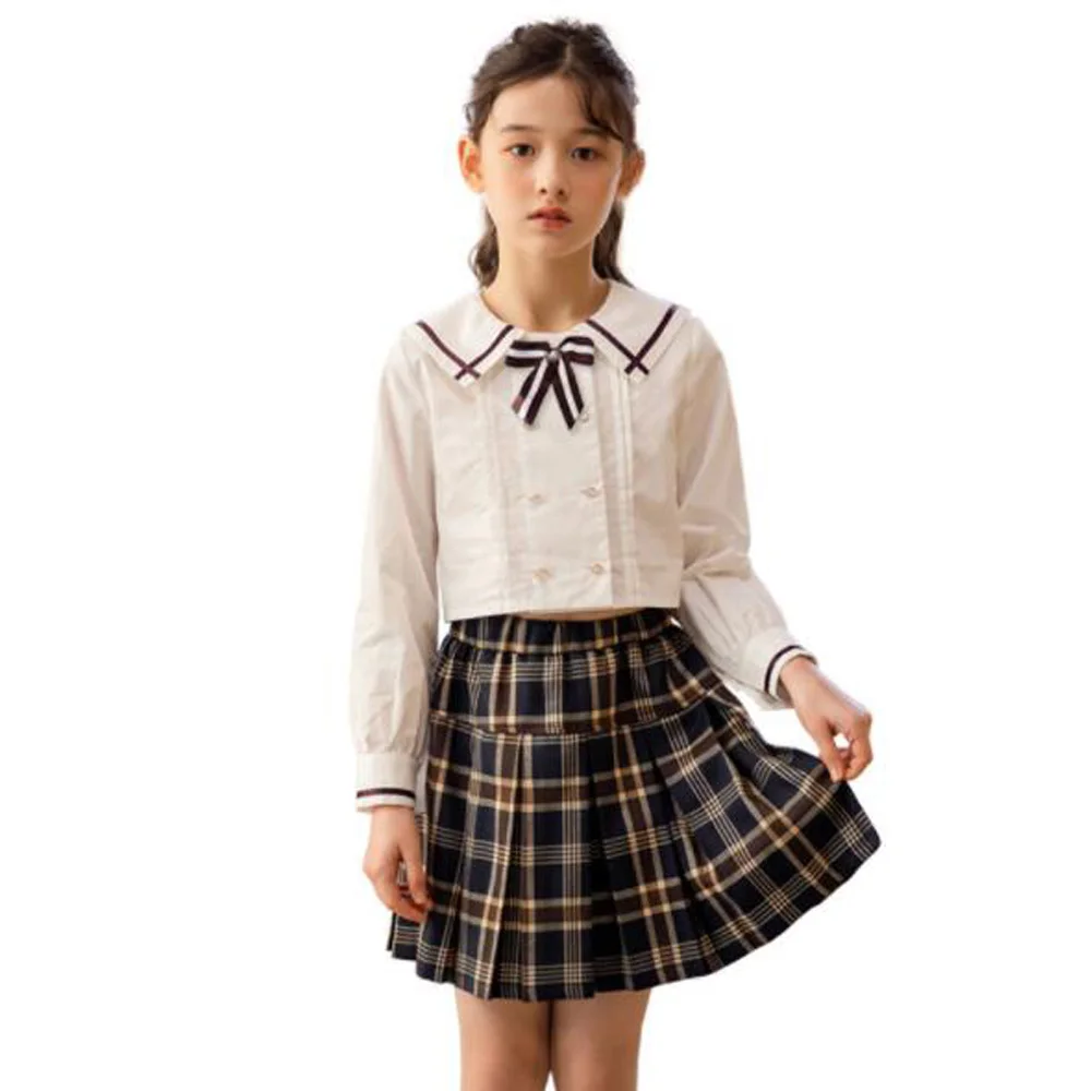 

Cultiseed Girls Students College Style Double Breasted Shirts+Plaid Dress 2pc Sets Clothing Children Kids New Fashion Gowns