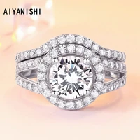 aiyanishi 925 sterling silver wedding ring sets round halo finger ring set for women silver engagement bridal band ring jewelry