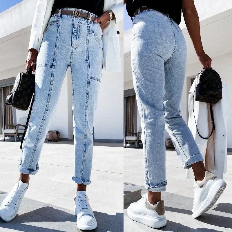 

Lugentolo High Waist Jeans Women Summer Casual Small Feet Cropped Long Jeans Bleached Washed Pants