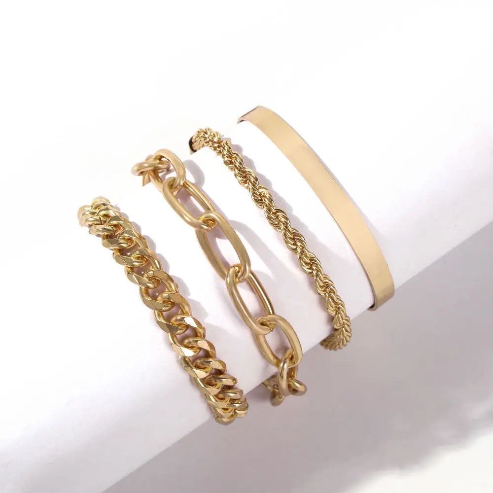 

Thicken Alloy Simple Bracelet Gold Chain Retro Metal Pattern Striped Bracelet Set Ladies Fashion Jewelry Gift