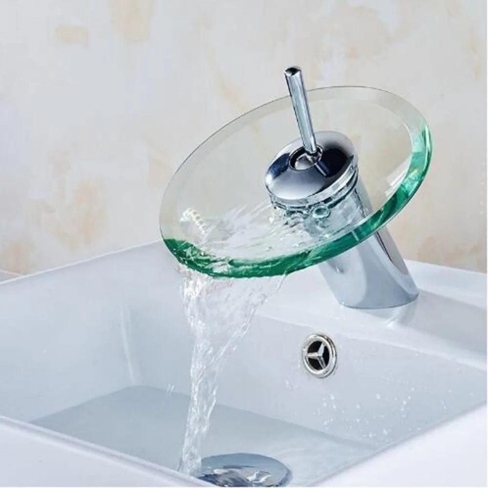

Однорычажный смеситель для горячей и холодной воды, настольный стеклянный кран «Водопад» для ванной и кухни, круглый хромированный, для рак...