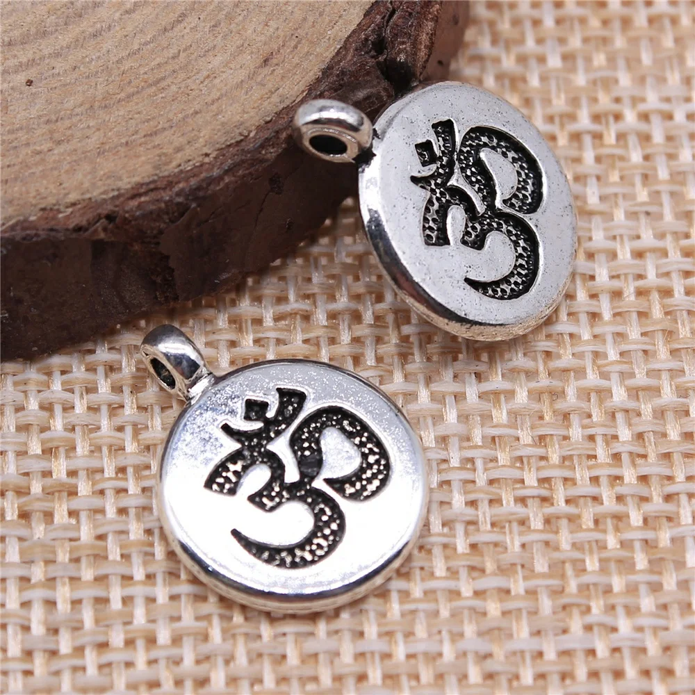 

36pcs 19x15mm antique silver Double-sided OM symbol round charms diy retro jewelry fit Earring keychain hair card pendant