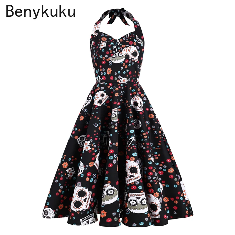 

Floral Skull Print Gothic Punk Dress Halloween Costumes for Women Sexy Halter Party Gown Rockabilly Vintage 50s Swing Dresses