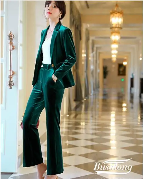 darkgreensuit Зимняя бархатная Женская куртка брючный костюм винно-зеленый темно-синий интервью OL черный Блейзер Бизнес Рабочая одежда плюс размер женское пальто - Цвет: darkgreensuit