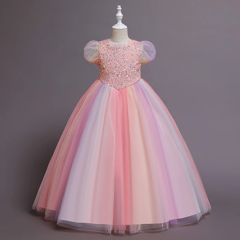 Girls princess dress short sleeve rainbow color elegant wedding party opening celebration puff skirt long sleeveless dress 2021