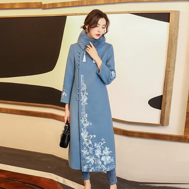 

Женское шерстяное пальто, винтажное теплое пальто с этнической вышивкой и воротником-стойкой, длинное зимнее пальто FF3358, 2021