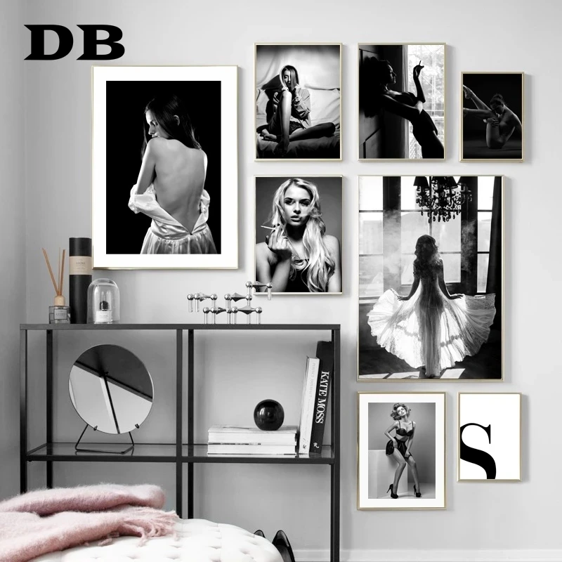 

Fashion Black White Woman Sexy Female Wall Art Print Canvas Painting Nordic Poster Modern Wall Pictures For Living Room Decor