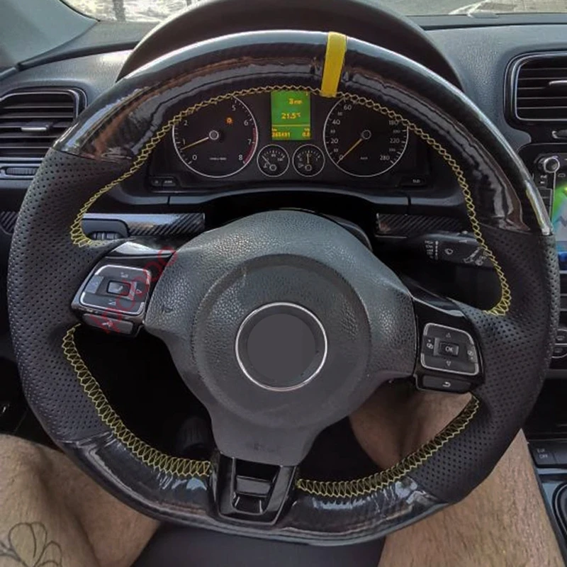 

Car Steering Wheel Cover Non-slip Black Genuine Leather Carbon Fiber For Volkswagen VW Golf 6 GTI MK6 / Polo GTI / Scirocco R