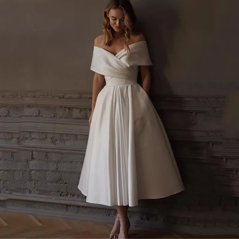 

Elegant Princess Wedding Dress Off The Shoulder Satin Short Bridal Dresses Vestidos De Nnovia 2022 Tea Length Wedding Party Gown