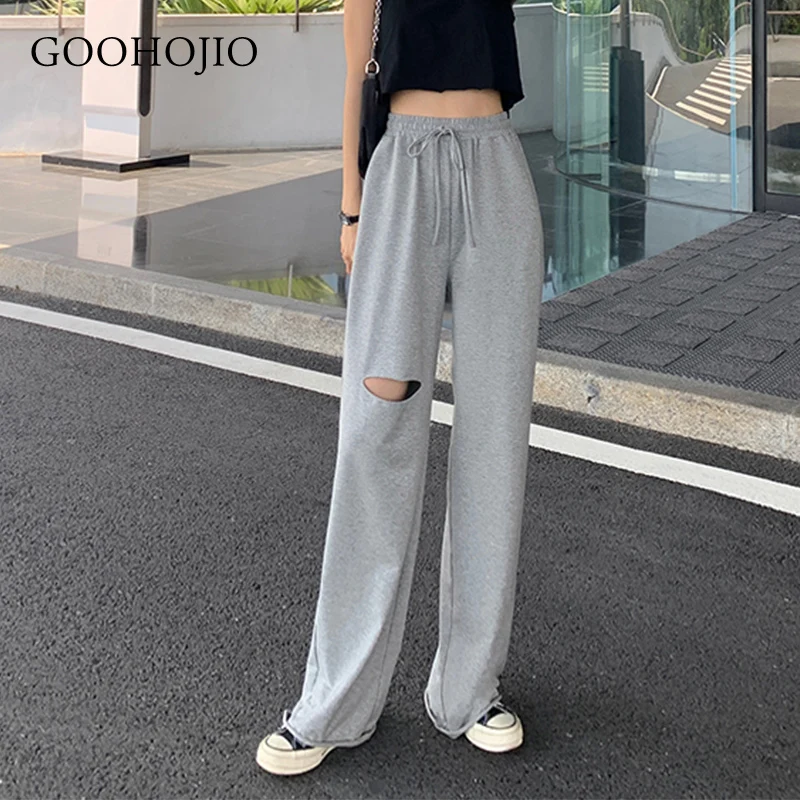 

GOOHOJIO Leopard Wide Leg Pants Trousers Sexy High Waist Autumn Women 2021 Casual Plaid Female Trousers Streetwear Hole Pants