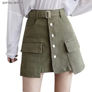 Сафари Стиль летние женские трапециевидные юбки с ремнем 2020 Высокая Талия Повседневное карманные грузовые короткая юбка Женский Saia Армейский зеленый