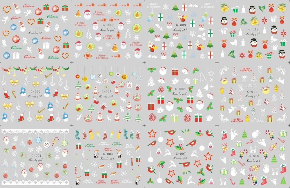 3D наклейки для ногтей с изображением Санта/Клауса/лося/снеговика на Рождество