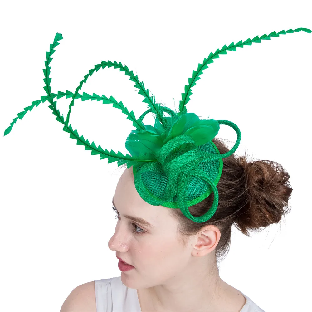 Женская Элегантная шляпка Вуалетка Sinamay с зелеными волосами и перьями шляпки для