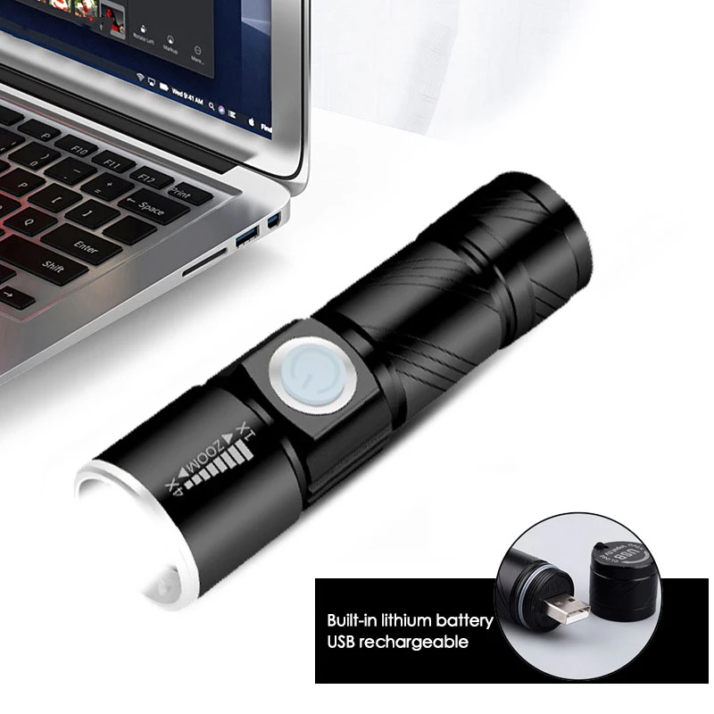 

Mini Portable USB RechargeableLED Flashlight Torch Outdoor Camping LightWaterproof Zoomable Lamp Bicycle 3Mode Handy Flash Light