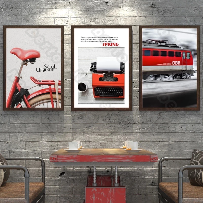 

Nordic Style Canvas Painting Poster Red Elements Bicycle Car Bus Telephone Heart Quota Rock My Body for Home Rooms Wall Decorati