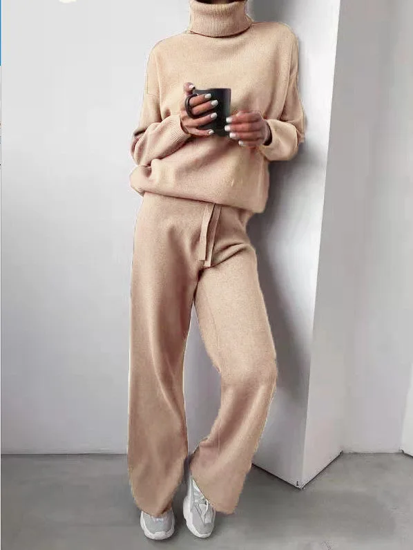 Женский комплект из двух предметов, однотонный пуловер с высоким воротником и длинные брюки, домашний костюм, осенняя повседневная одежда с... от AliExpress RU&CIS NEW