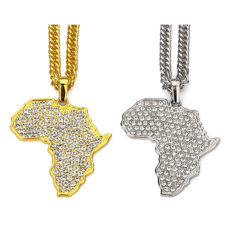 

Hip Hop Iced Out Necklace Gold Silver Plated Map Of Africa Crystal Pendant Jewelry With Chain For Women Men