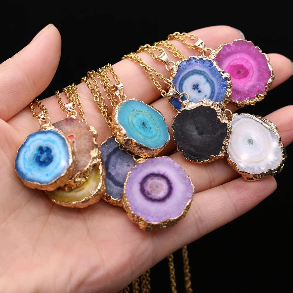 

Hot Sale Natural Stone Agates Slice Pendant Necklace Irregular Round Druzy Agat Charms Necklaces for Women Fine Jewelry Gift